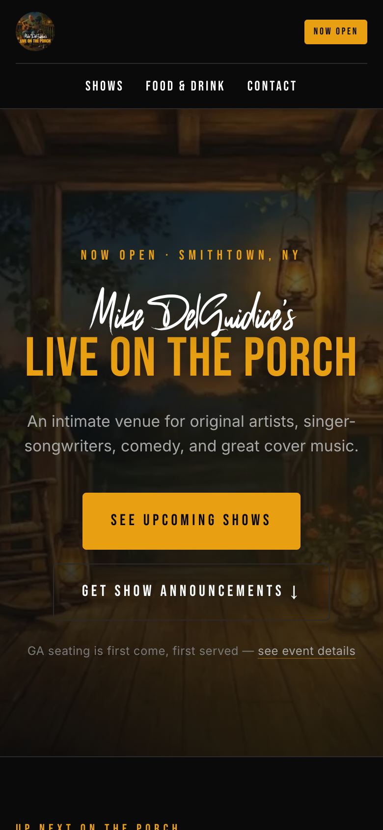 Live On The Porch website on a phone
